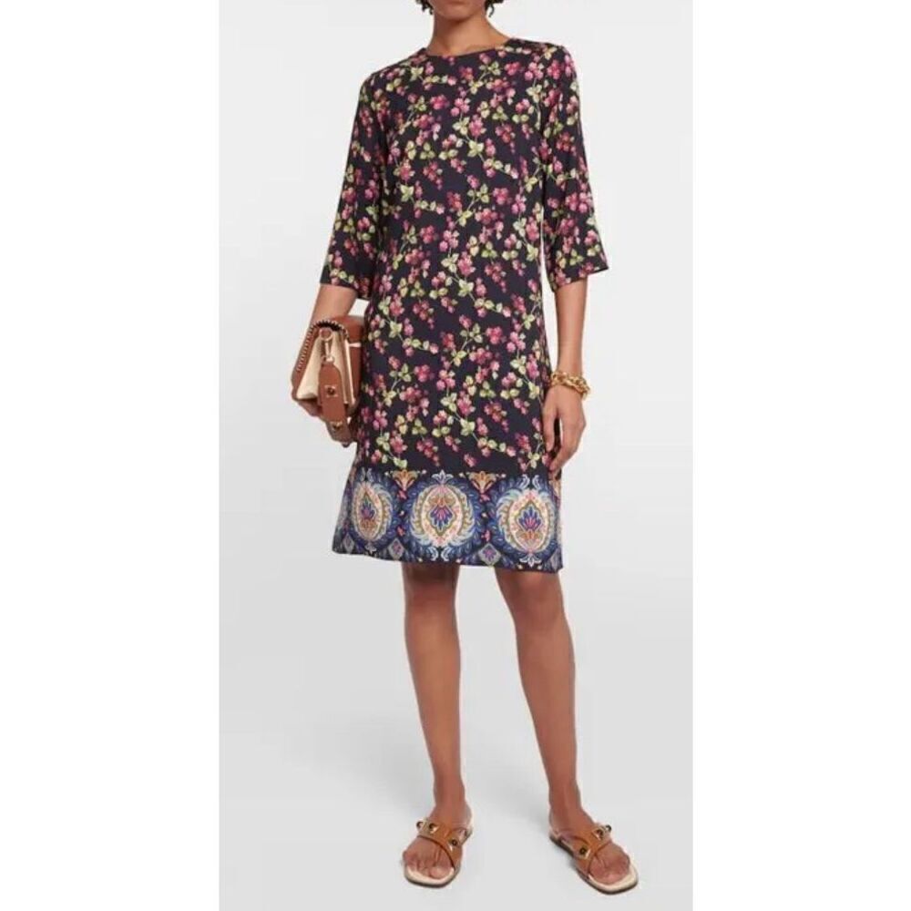 Etro Garden Party Floral Print Short Dress In Navy Multi Nwt Size It 40 Or Us 4